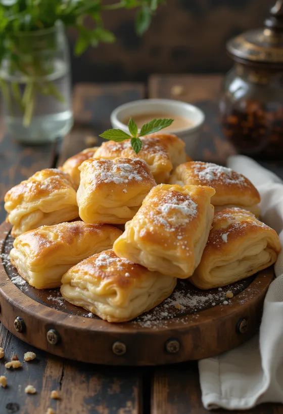 Golden brown sweet cheese bundles dusted with powdered sugar.