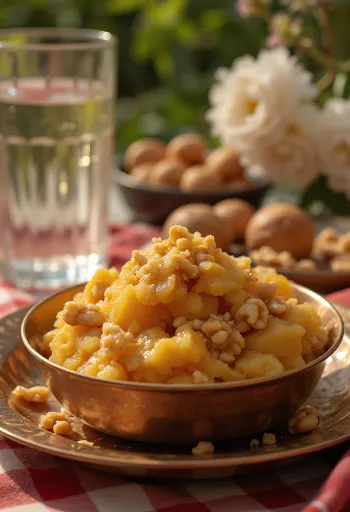 Bowl of rich Aate ka Halwa garnished with nuts.