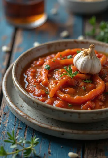 Bowl of rich red Ajvar spread with olive oil and fresh bread