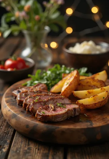 Grilled bear steaks served with roasted potatoes and salad