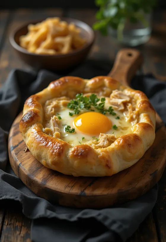 Chicken Khachapuri, golden brown cheese boat filled with chicken