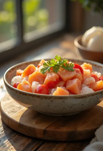 Bowl of Lomi Lomi Salmon with diced tomatoes and green onions on ice