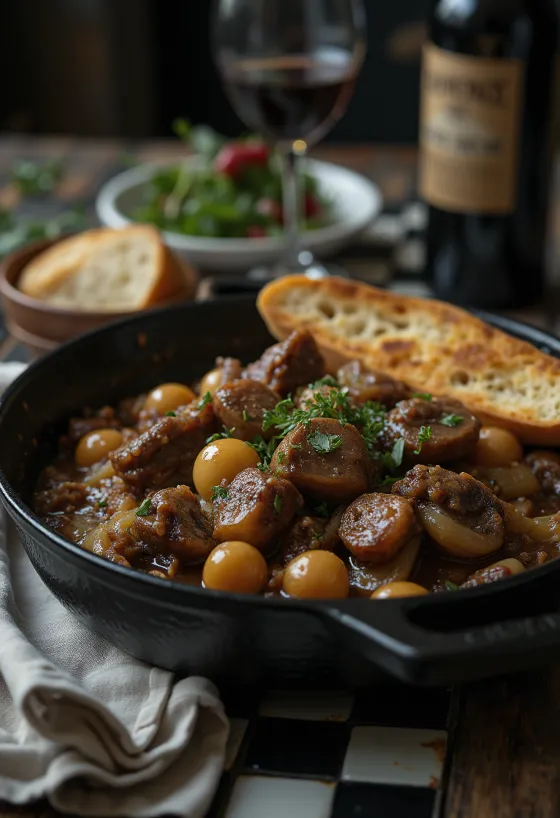 Beef Bourguignon served with carrots and mushrooms