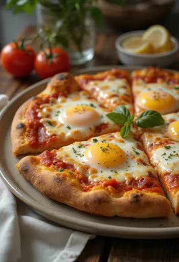 Pizza a Caballo with fried egg, thick crust, and mozzarella