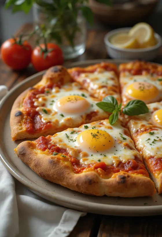 Pizza a Caballo with fried egg, thick crust, and mozzarella