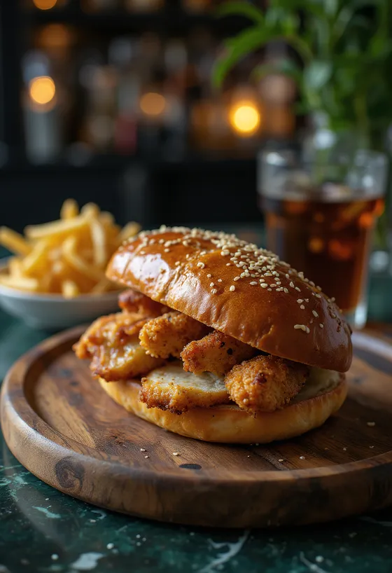 Pretzel sandwich filled with chicken breast fillets, crispy on the outside and soft on the inside.
