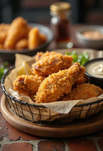 Golden brown crispy breaded chicken wings served with dip.