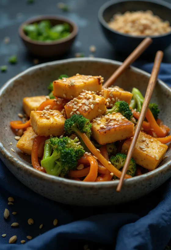 Crispy tofu vegetable stir-fry served in a bowl