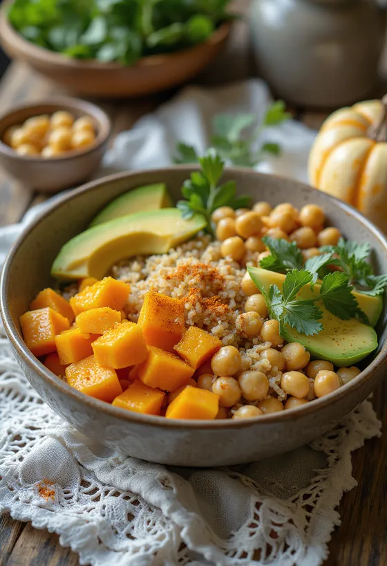 Colorful Buddha bowl with squash and quinoa
