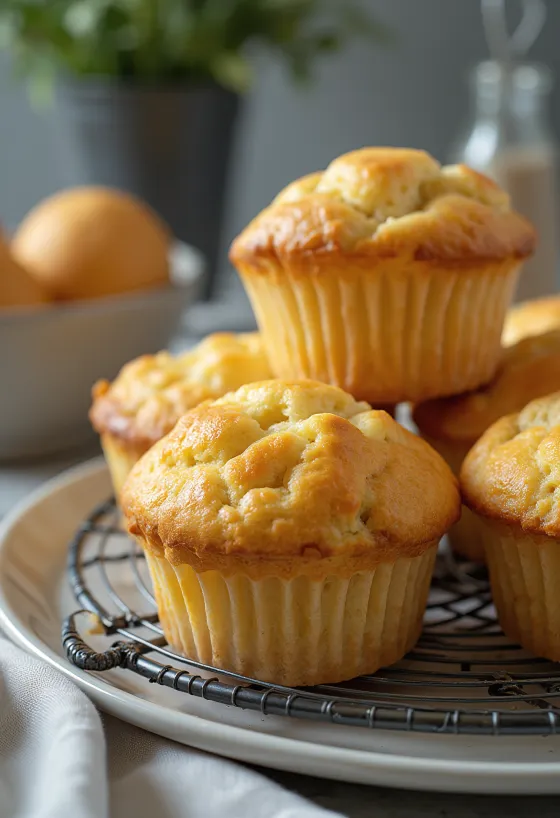 Soft sweet cheese muffin baked golden brown, sprinkled with vanilla and powdered sugar