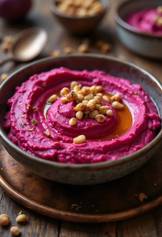 Bright purple beet hummus with parsley