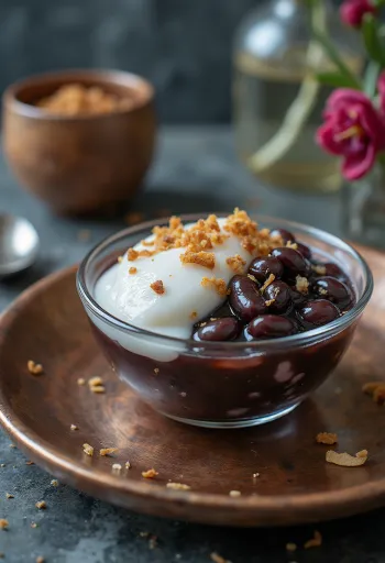Glass of Vietnamese Chè black bean dessert with coconut milk and ice