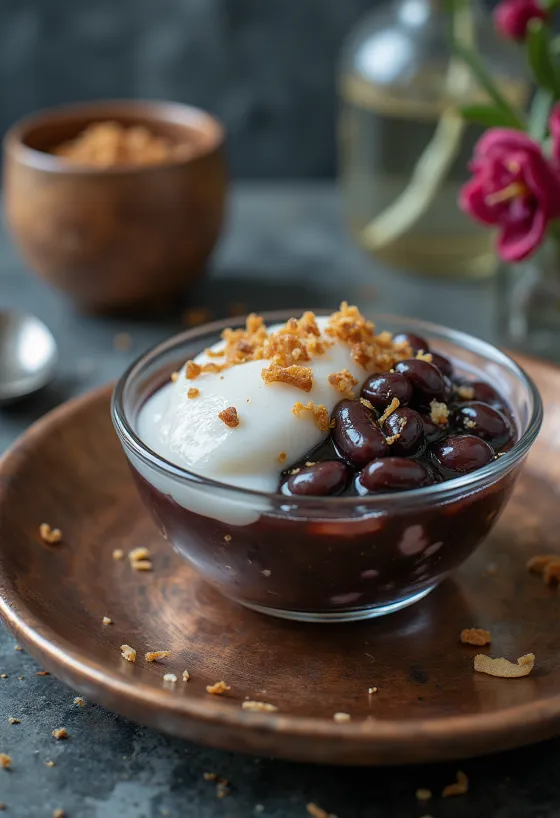 Glass of Vietnamese Chè black bean dessert with coconut milk and ice