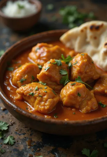 Chicken Tikka Masala in creamy tomato sauce, garnished with coriander.