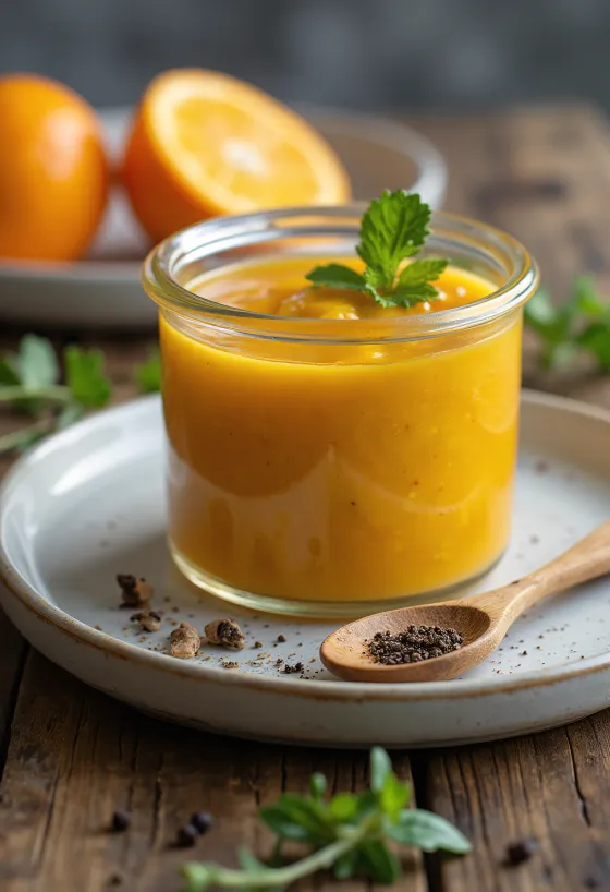 Zesty orange ginger curry sauce served in a glass bowl