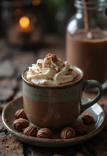 Frothy hot cocoa topped with whipped cream and chocolate shavings