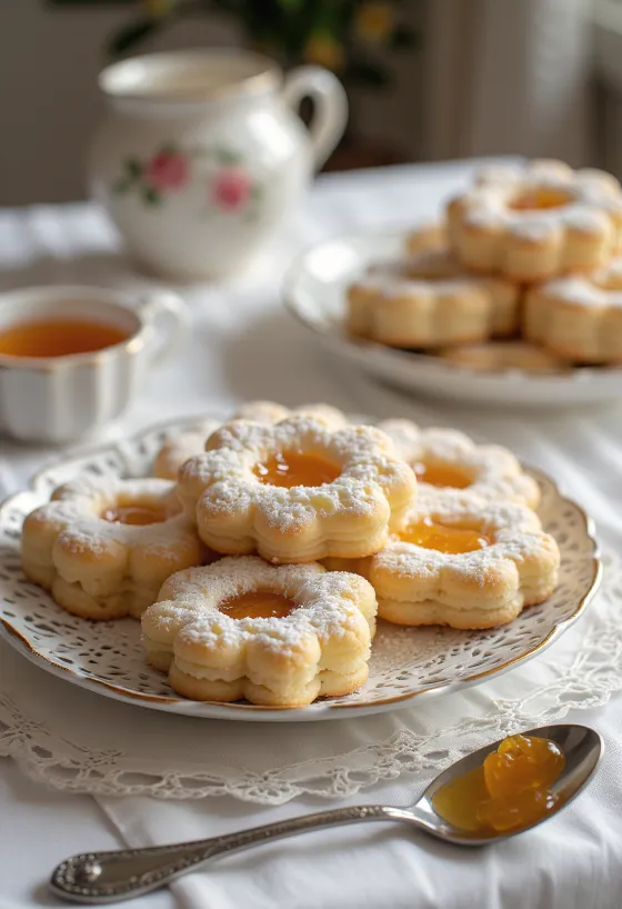 Powdered sugar dusted Linzer cookies with jam