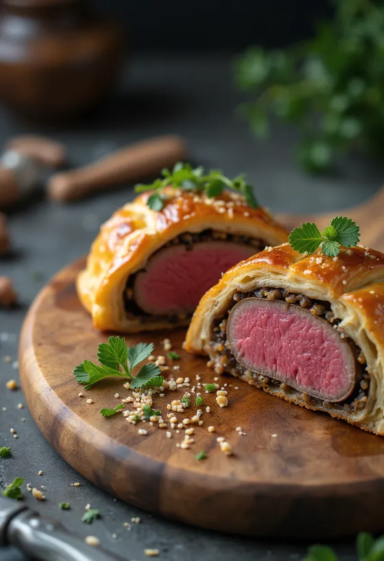 Beef Wellington sliced to show medium-rare center