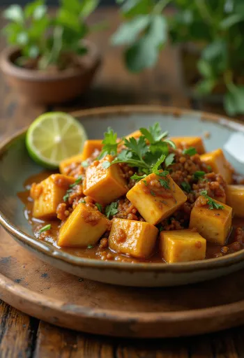 Vegan Rendang with tofu, served with fresh cilantro and lime