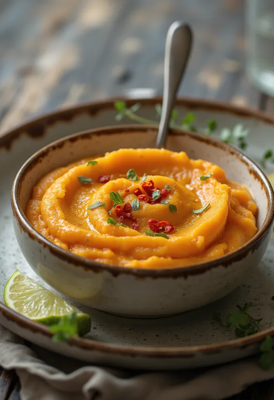 Roasted sweet potato mash with cilantro served in a bowl