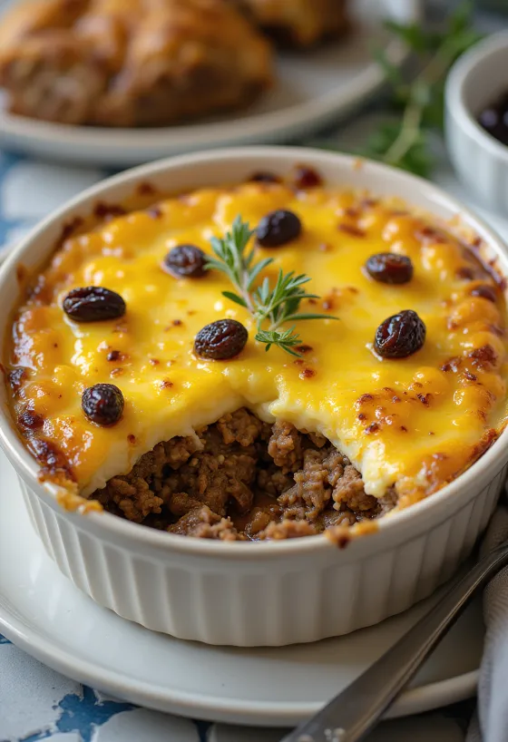 Classic Beef Bobotie casserole with golden custard topping