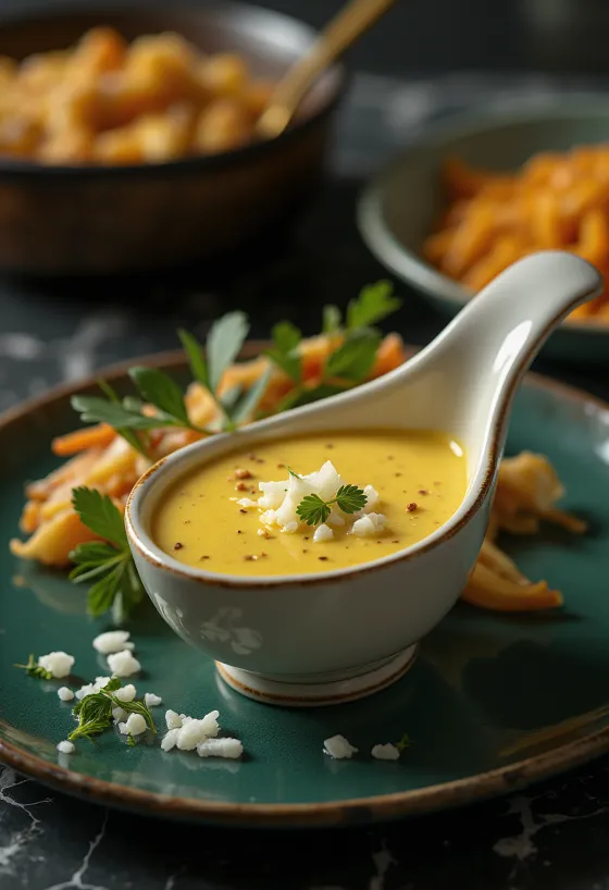 Creamy curry onion sauce served in a boat