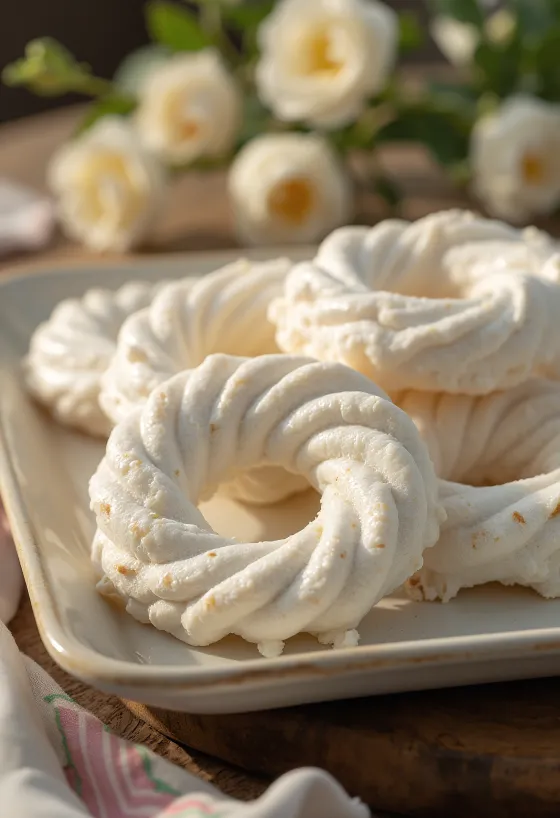 Meringue rings, crunchy sugar foam rings in holiday decoration