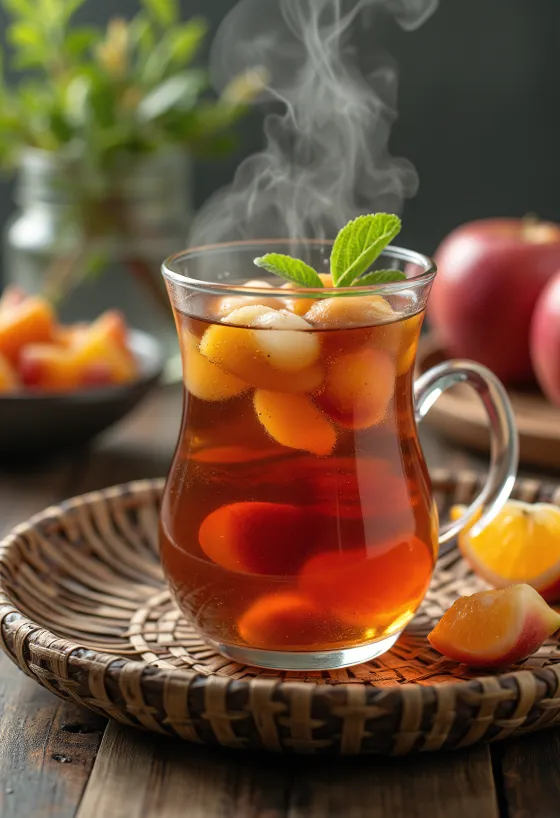 Homemade fruit tea infusion with fresh apples, oranges, and mint