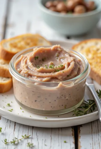 Creamy liver pate spread on fresh bread garnished with herbs.