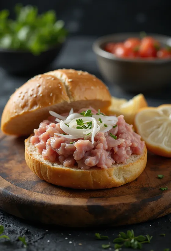 Mettbrötchen, raw minced pork on a bread roll with onions