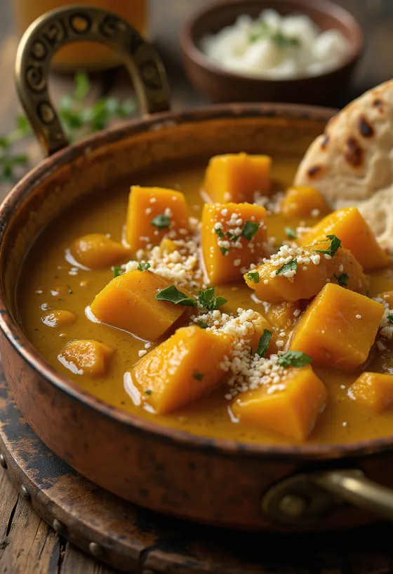 Creamy pumpkin curry served with fresh cilantro