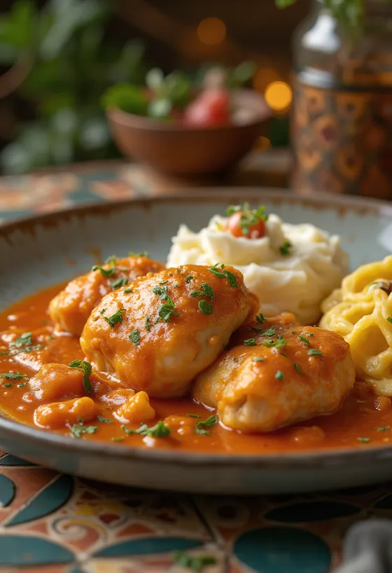 Chicken paprikash with juicy chicken pieces, served in soft sour cream paprika sauce