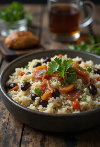 Plate of Baião de Dois with fresh cilantro