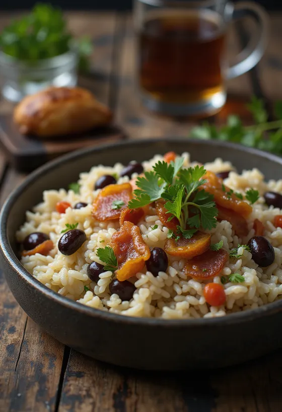 Plate of Baião de Dois with fresh cilantro
