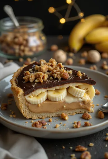 Banana peanut butter pie topped with chocolate ganache and roasted hazelnuts