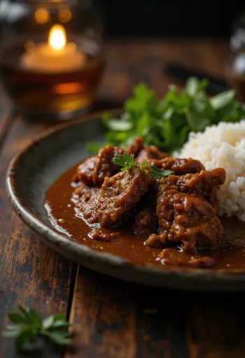 Beef Rendang served with rice and fresh coriander