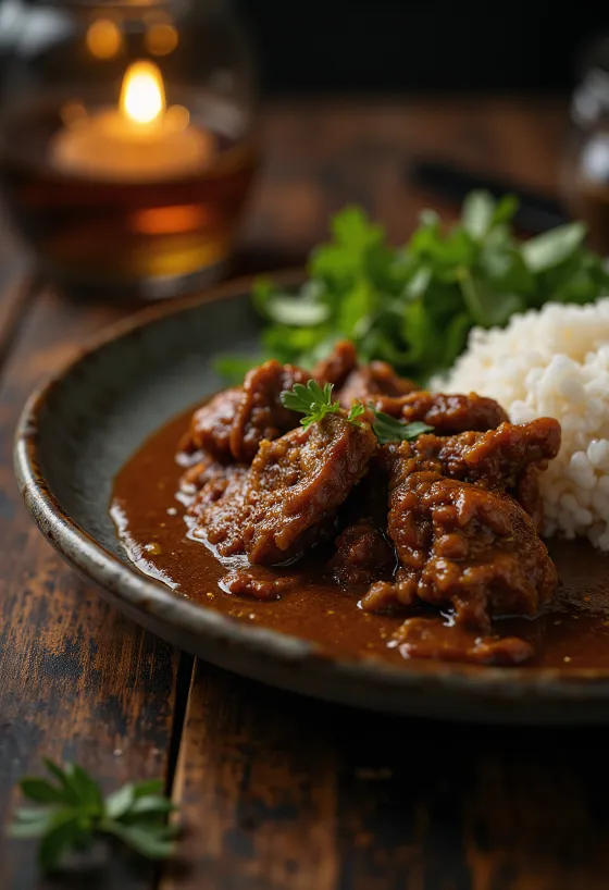 Beef Rendang served with rice and fresh coriander