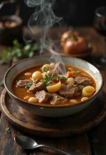 Hearty Escudella stew with meat and vegetables