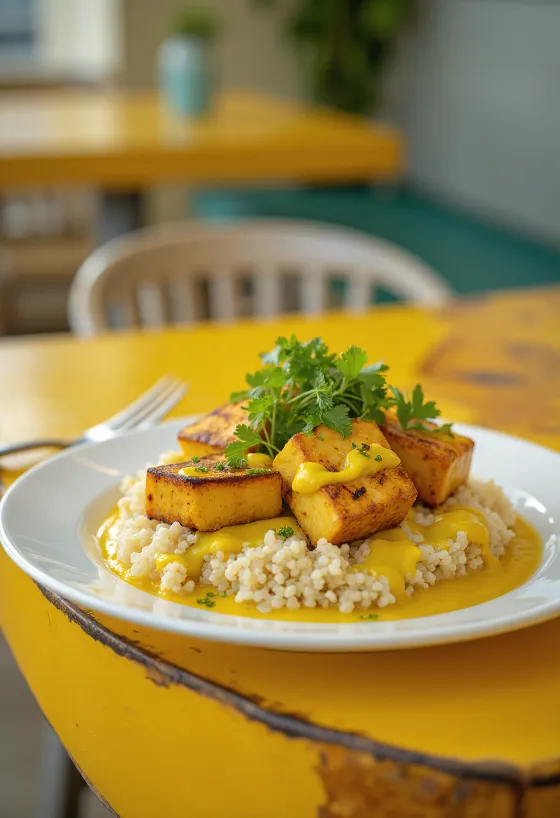 Grilled tofu quinoa curry with tahini served