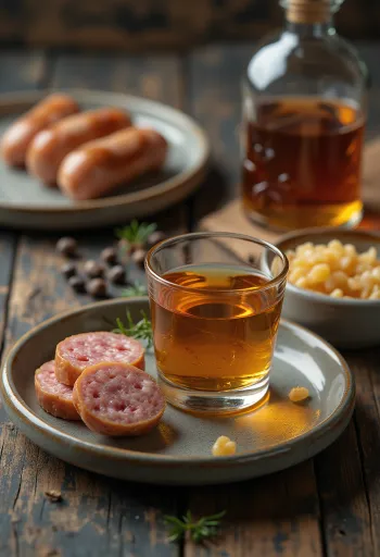 Jar of sausage infused vodka with smoked sausage and spices nearby