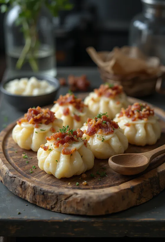 Sheep cheese potato dumplings served with sour cream and fried bacon.