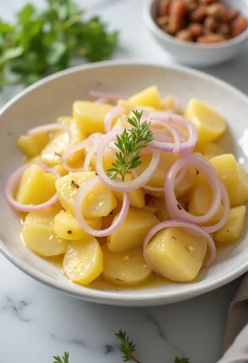 Fresh potato salad with red onions and parsley.