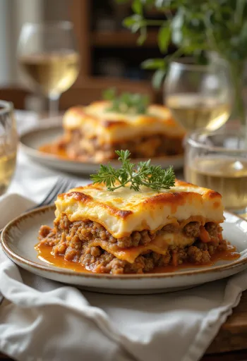Moussaka slice showing layers
