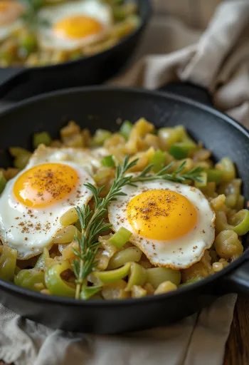 Leek and egg skillet topped with fresh herbs and a dollop of sour cream