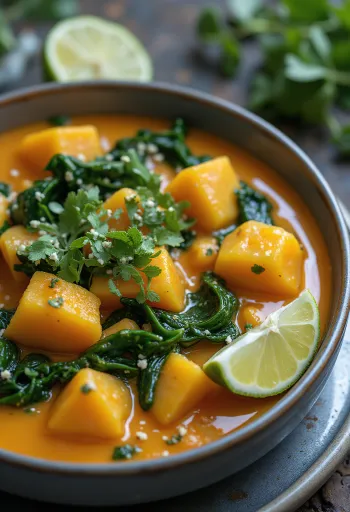 Pumpkin curry with spinach served in a bowl