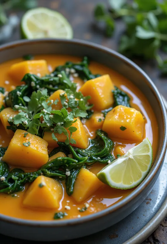 Pumpkin curry with spinach served in a bowl