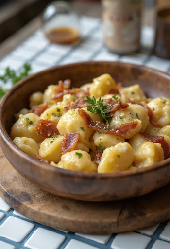 Potato dumplings with sheep cheese and crispy bacon bits.