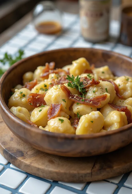 Potato dumplings with sheep cheese and crispy bacon bits.