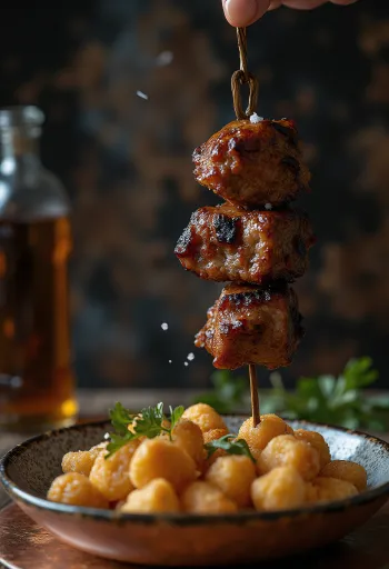 Espetada made of beef and bay leaves, grilled skewers served