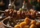 Espetada made of beef and bay leaves, grilled skewers served